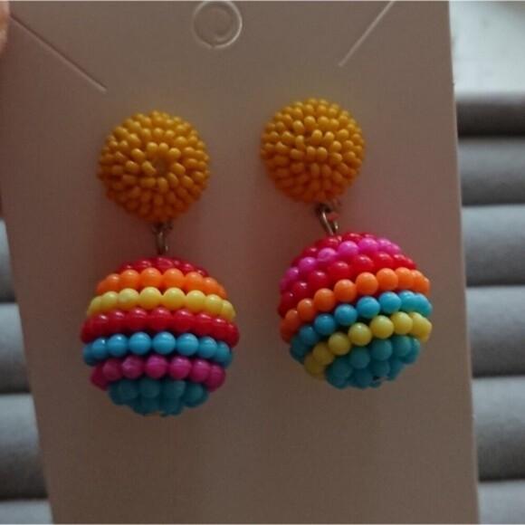 Seed Beaded Ball Drop Earrings - yellow/red/bluecolor combo - Picture 3 of 6